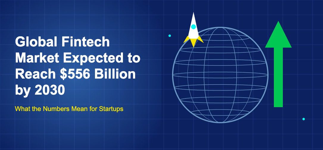 Dark blue illustration with large globe, green upward arrow, and rocket launching