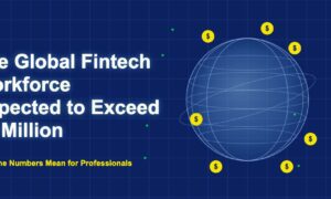 Globe illustration with wireframe grid lines and floating yellow dollar sign circles representing global fintech workforce growth