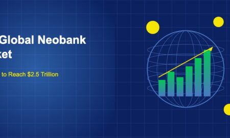Globe illustration with rising bar chart and gold coin symbols on dark blue grid background