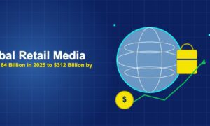 Globe with shopping bag and green upward trend line