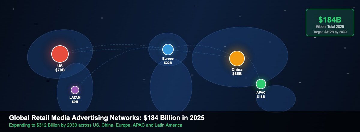Global retail media advertising network map revealing major spconclude regions including US, China, Europe and Asia-Pacific with $184 billion total in 2025