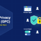 Infographic showing Global Privacy Control GPC with a shield and padlock in the center surrounded by browser signal, CCPA law, consent management, and enforcement icons connected by pulse rings with user figures