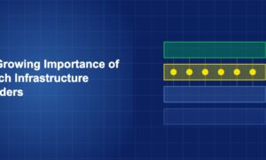 Layered technology stack with API connection nodes flowing between service blocks on dark blue background