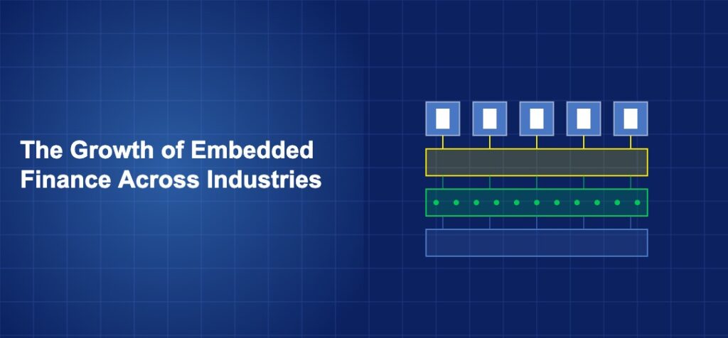 Multiple industry icons with financial service layers integrated beneath them on dark blue background