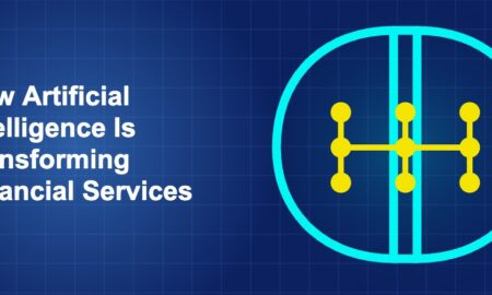 Dark blue fintech illustration with icons in solo composition