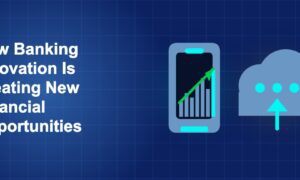 Dark blue fintech illustration with + icons in side-by-side composition