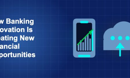 Dark blue fintech illustration with + icons in side-by-side composition