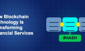 Dark blue fintech illustration with icons in solo composition