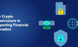 Dark blue illustration showing icon, icon, icon, icon in circular composition