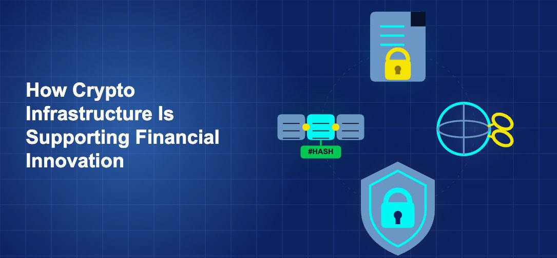 Dark blue illustration showing icon, icon, icon, icon in circular composition