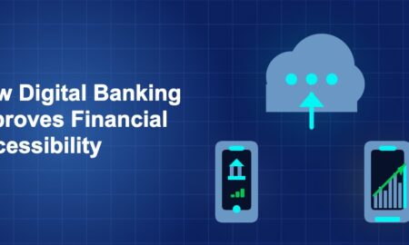 Dark blue fintech illustration with ++ icons in triangle composition