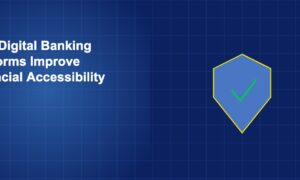 Shield with checkmark surrounded by connected nodes representing secure and accessible digital banking