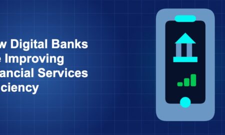 Dark blue fintech illustration with icons in solo composition