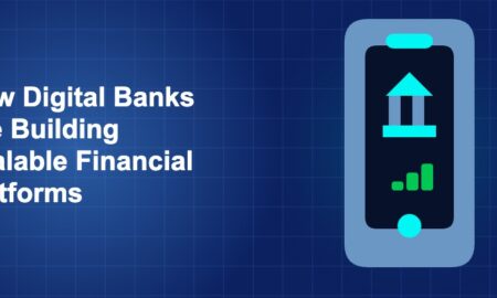 Dark blue fintech illustration with icons in solo composition
