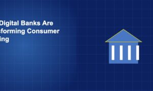 Bank building outline with digital connection nodes representing the transformation from traditional to digital banking