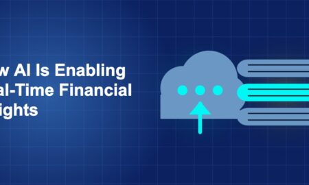 Dark blue fintech illustration with + icons in side-by-side composition