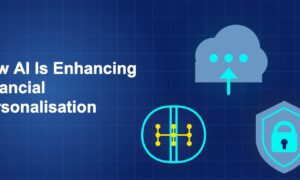 Dark blue fintech illustration with ++ icons in triangle composition