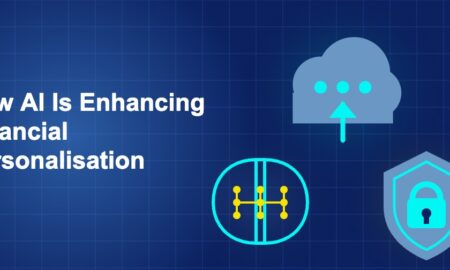 Dark blue fintech illustration with ++ icons in triangle composition
