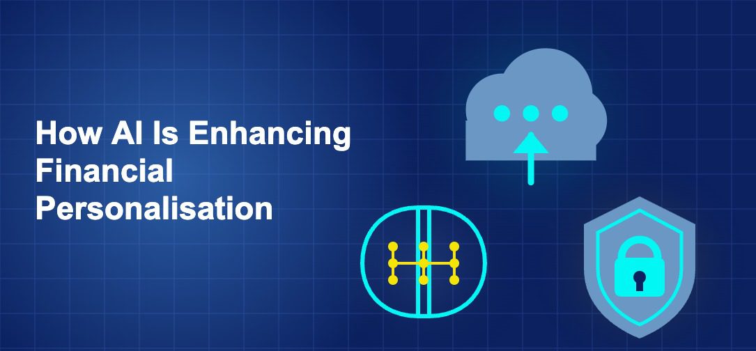 Dark blue fintech illustration with ++ icons in triangle composition