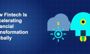 Dark blue fintech illustration with + icons in side-by-side composition