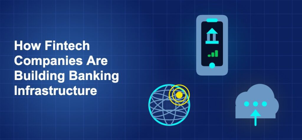 Dark blue fintech illustration with ++ icons in triangle composition