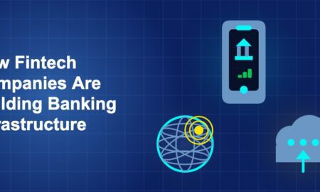 Dark blue fintech illustration with ++ icons in triangle composition