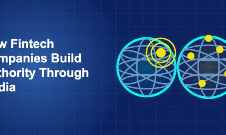 Dark blue fintech illustration with + icons in side-by-side composition