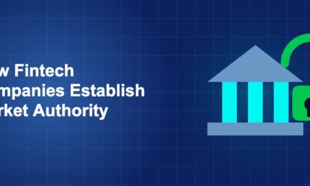 Dark blue fintech illustration with icons in solo composition