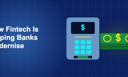 Dark blue fintech illustration with + icons in side-by-side composition