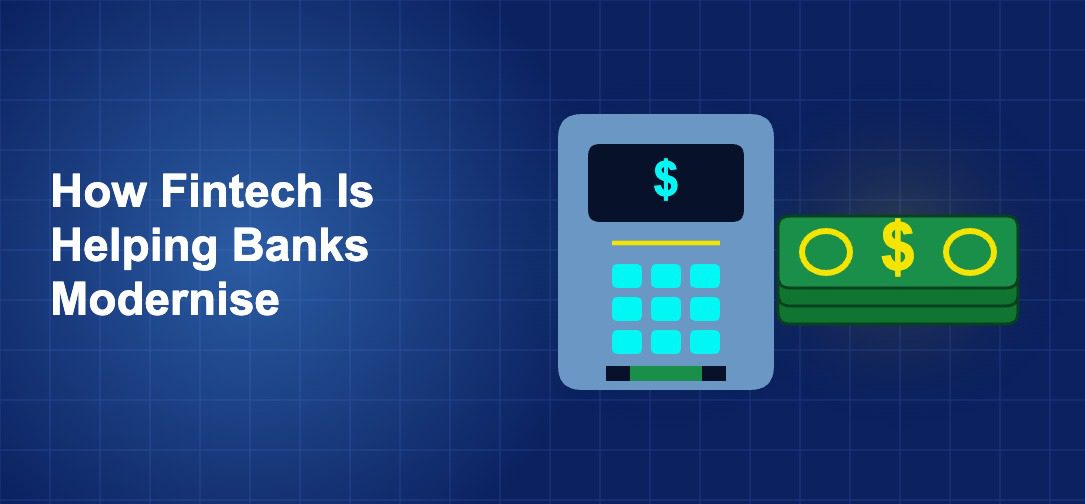 Dark blue fintech illustration with + icons in side-by-side composition