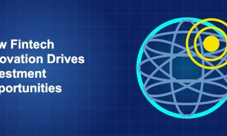 Dark blue fintech illustration with icons in solo composition