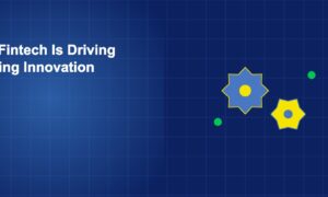 Interlocking gears with green growth indicators representing fintech-driven banking innovation mechanics