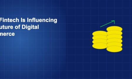 Stacked coins with upward arrows representing fintech-driven growth in digital commerce