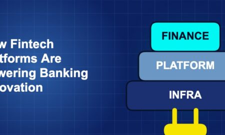 Dark blue fintech illustration with icons in solo composition