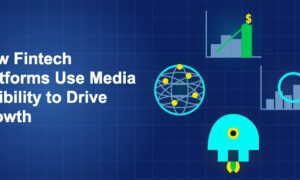 Dark blue fintech illustration with +++ icons in circular composition