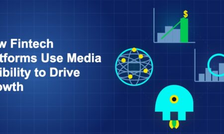 Dark blue fintech illustration with +++ icons in circular composition