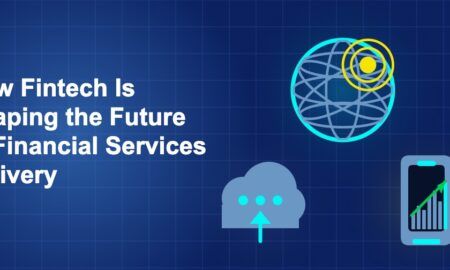 Dark blue fintech illustration with ++ icons in triangle composition