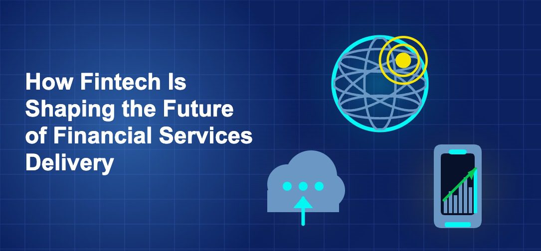 Dark blue fintech illustration with ++ icons in triangle composition