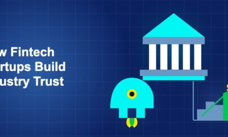 Dark blue illustration with iBanking and iStartup and iRevenue icons in triangle composition