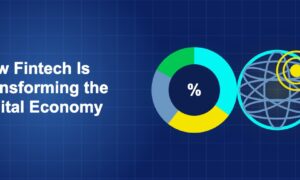 Dark blue fintech illustration with + icons in side-by-side composition