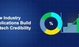 Dark blue fintech illustration with + icons in side-by-side composition