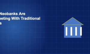 Bank building with digital nodes and shield icon representing competition between neobanks and traditional banks