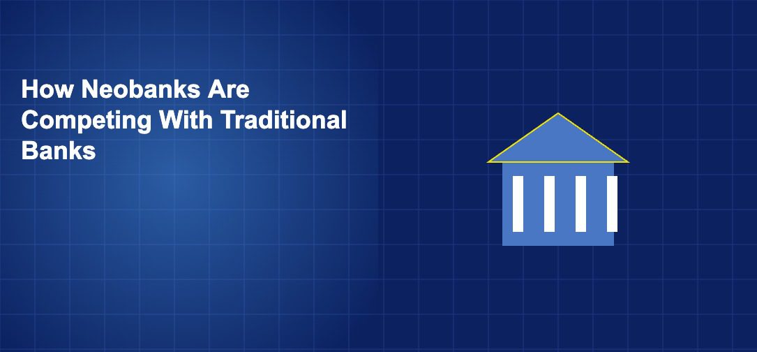 Bank building with digital nodes and shield icon representing competition between neobanks and traditional banks