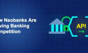 Dark blue fintech illustration with + icons in side-by-side composition