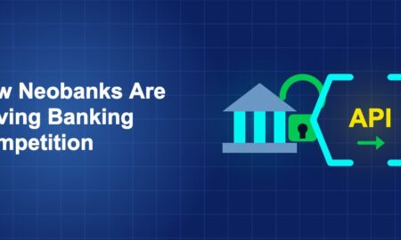 Dark blue fintech illustration with + icons in side-by-side composition