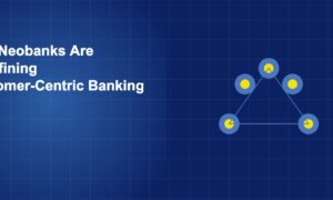 Connected circuit nodes with highlighted center representing customer-centric design in neobank platforms