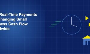 Clock with speed lines and flowing golden arrows pointing toward a small shop building