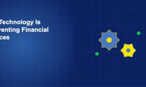 Interlocking gears with green indicator lights representing the mechanics of technology reinventing financial operations
