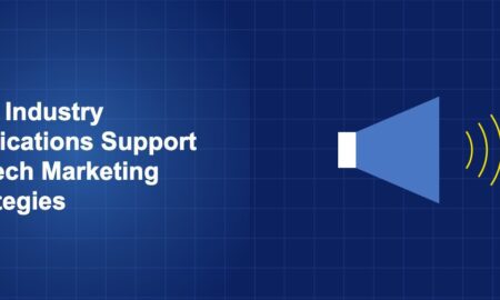 Illustration of megaphone concept with geometric shapes on dark blue background