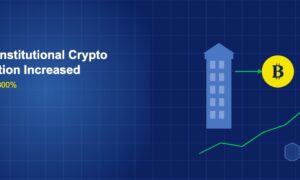 Institutional building connected to bitcoin symbol with rising chart and shield on dark blue grid